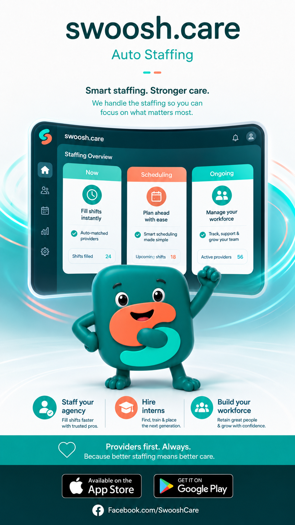 Swoosh Auto Staffing dashboard - Now, Scheduling, Ongoing