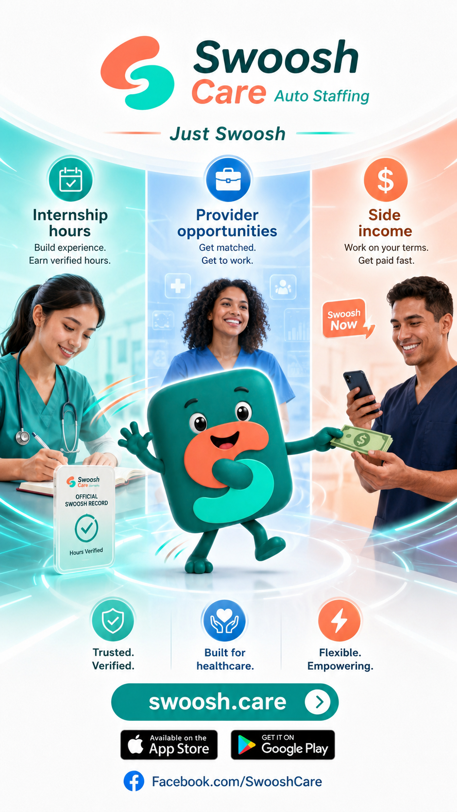 Internship hours, provider opportunities, and side income on Swoosh